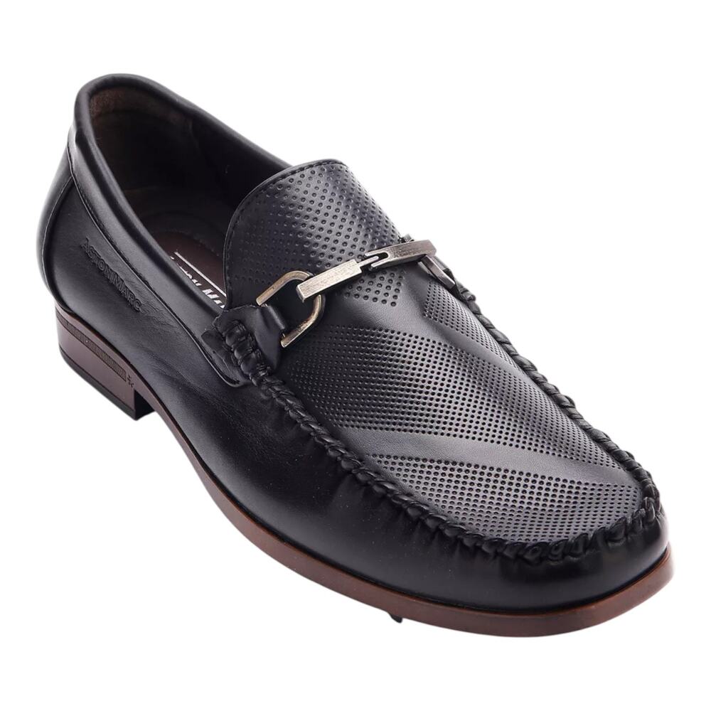 Aston Marc Men's Perforated Buckle Bit Loafers Black Size 10 1/2
